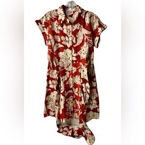 Mango Floral Shirt Dress Women’s Size Small Red Beige Bow Button Up Collared New